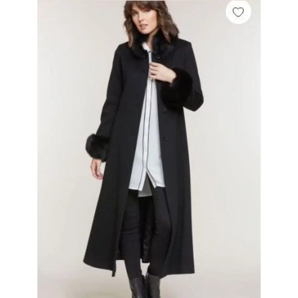 Forecaster Of Boston Women's Black Lambswool Long Coat With Fur Trim Size 6 235 - Picture 4 of 16